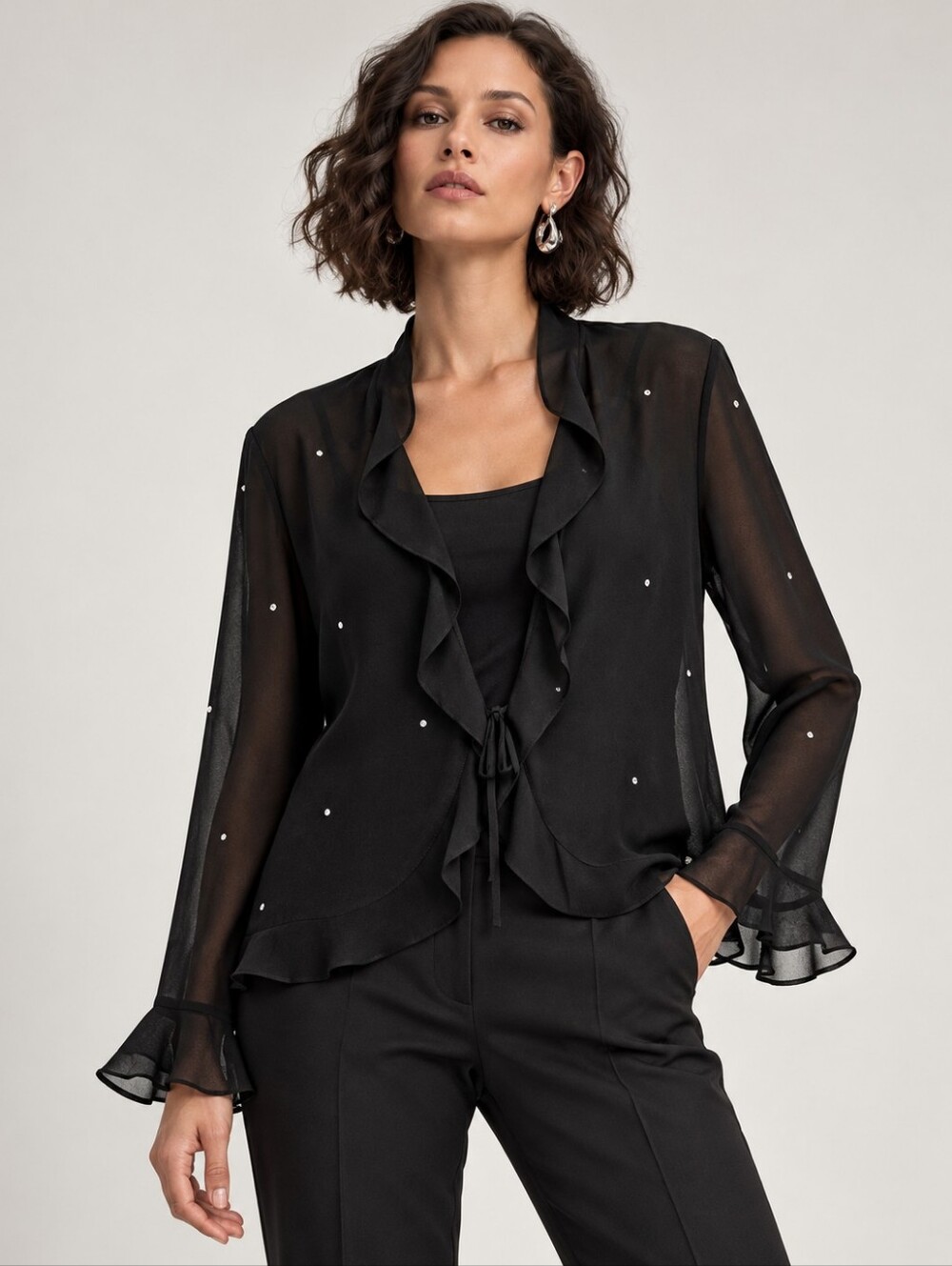 Joseph Ribkoff Sheer Ruffle Blouse Size 12 Black Rhinestone Tie Front Top
